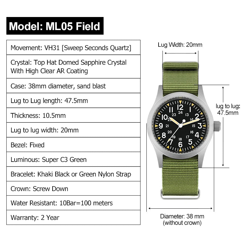 Timeluxia Retro Pilot Quartz Watch – 38mm
